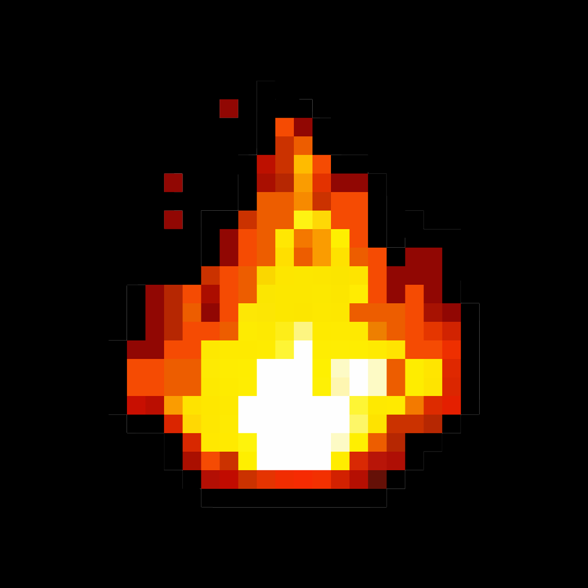 Pixelated illustration of a flame with colors ranging from white at the bottom to yellow, orange, and red at the top, set against a black background.