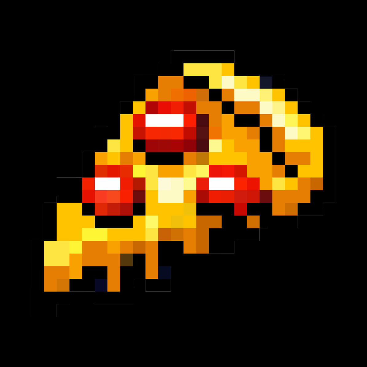 Pixelated image of a red mushroom with white spots on a yellow and orange plant or flower against a black background.