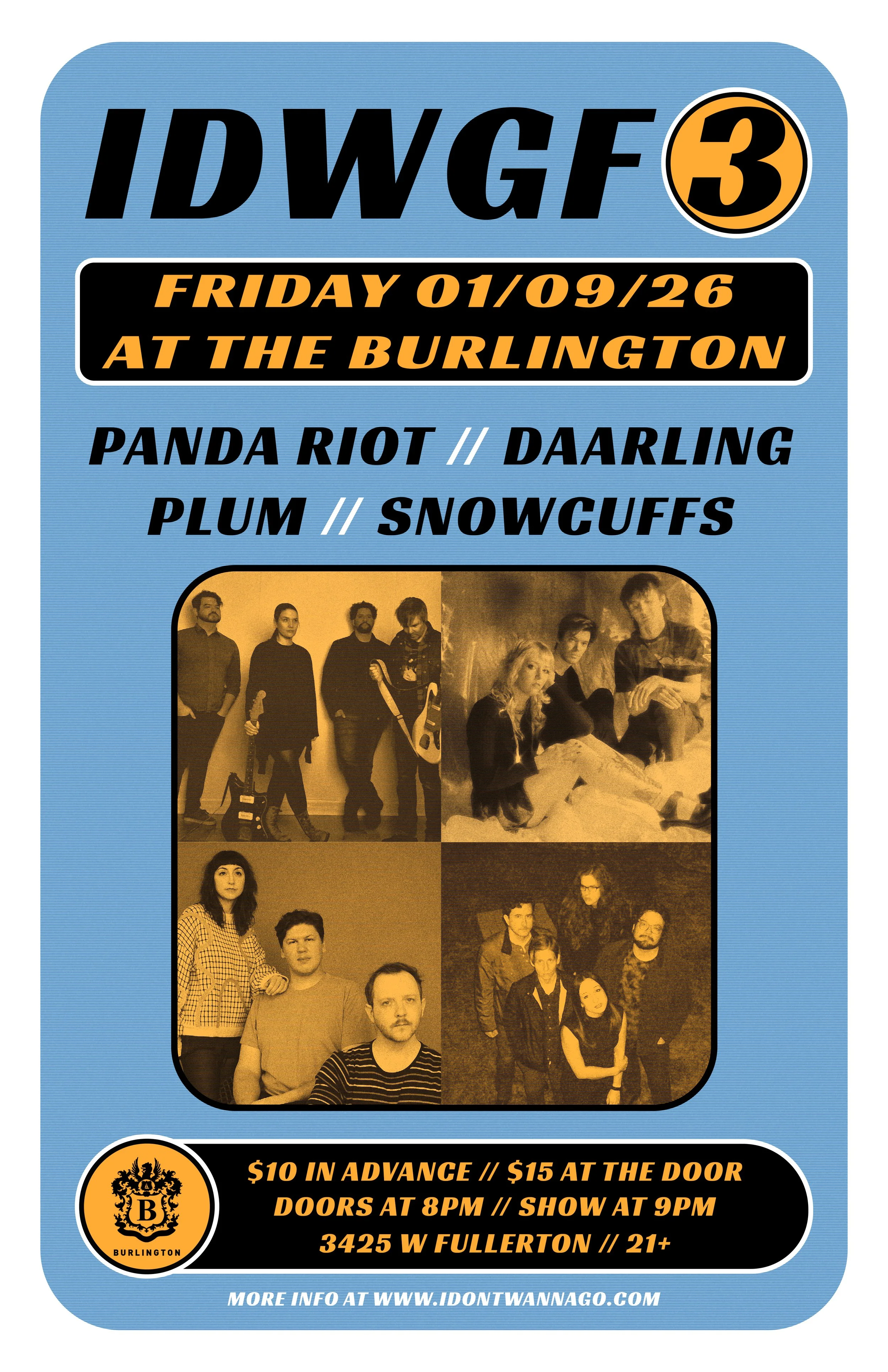 Concert flyer for a music event at The Burlington on Friday, January 9, 2026, featuring bands Panda Riot, Darling Plum, and Snowcuffs. The flyer includes details about ticket prices, event times, location, age restriction, and a website for more information. The background is light blue with black and orange text and a photo collage of band members.