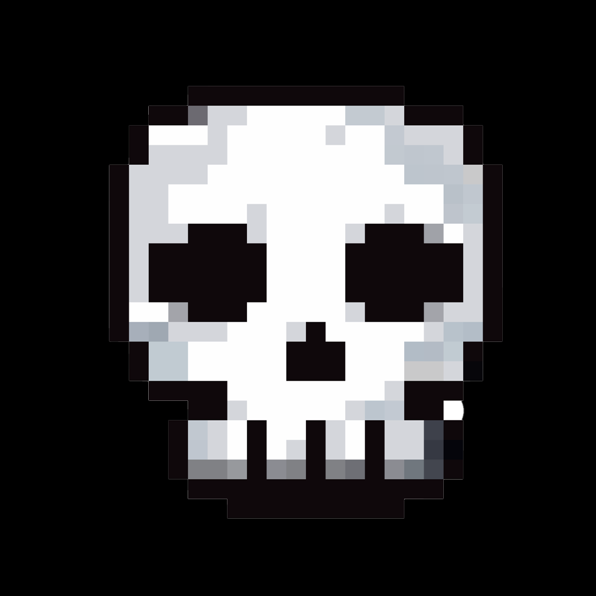 Pixel art skull with black eye sockets, nose, and mouth on a black background.
