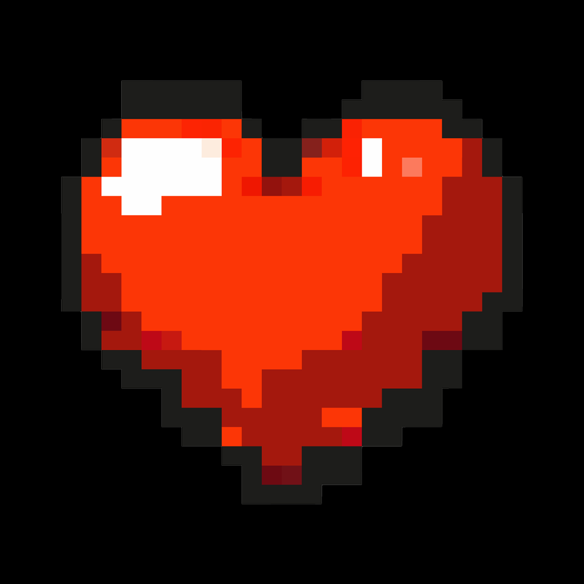Pixelated red heart with a white highlight on a black background.
