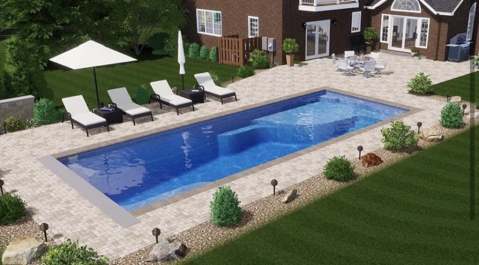 Latham fiberglass pool and paver patio design in Oregon—pool decking and hardscape built by Moxie Construction.