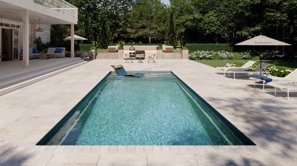Latham fiberglass pool installation in Oregon with clean coping and patio hardscape for a complete backyard transformation.