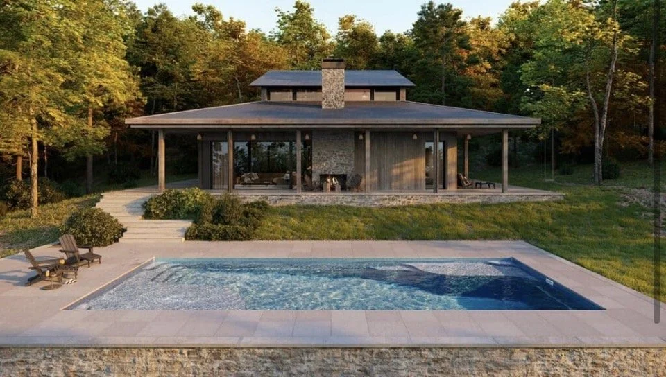 Modern Latham fiberglass in-ground pool with light paver decking, installed in Oregon by Moxie Construction.