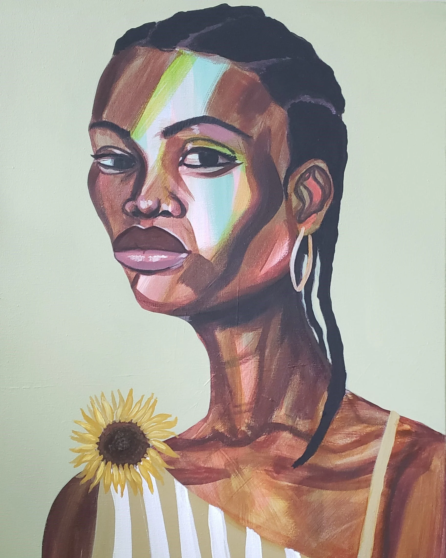 woman with striped dress and flower