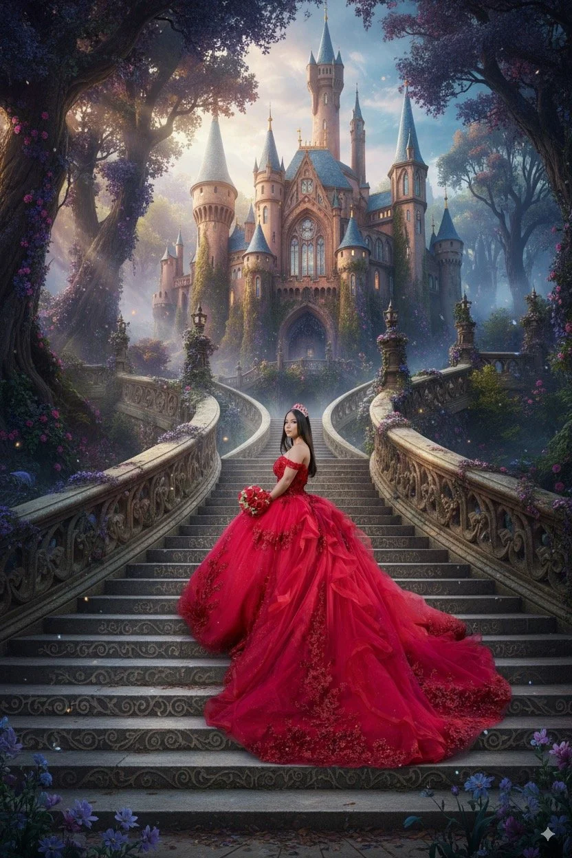 A Sweet 16 birthday girl in a red gown and tiara standing on a grand staircase leading up to a fairy tale castle surrounded by trees and flowers.