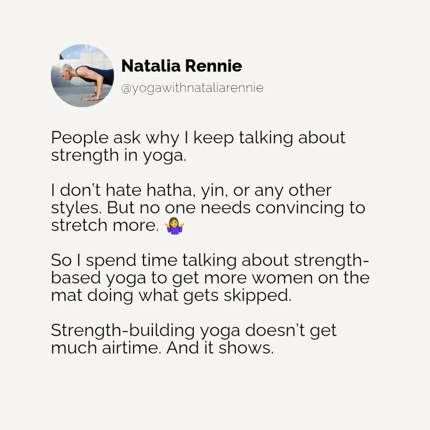 Look, if you love slower yoga styles, go for it!!

I&rsquo;m definitely not dismissing their benefits. I teach those too...

BUT let&rsquo;s not pretend that passive stretching produces the same physical outcomes as strength-based yoga.

It won&rsquo