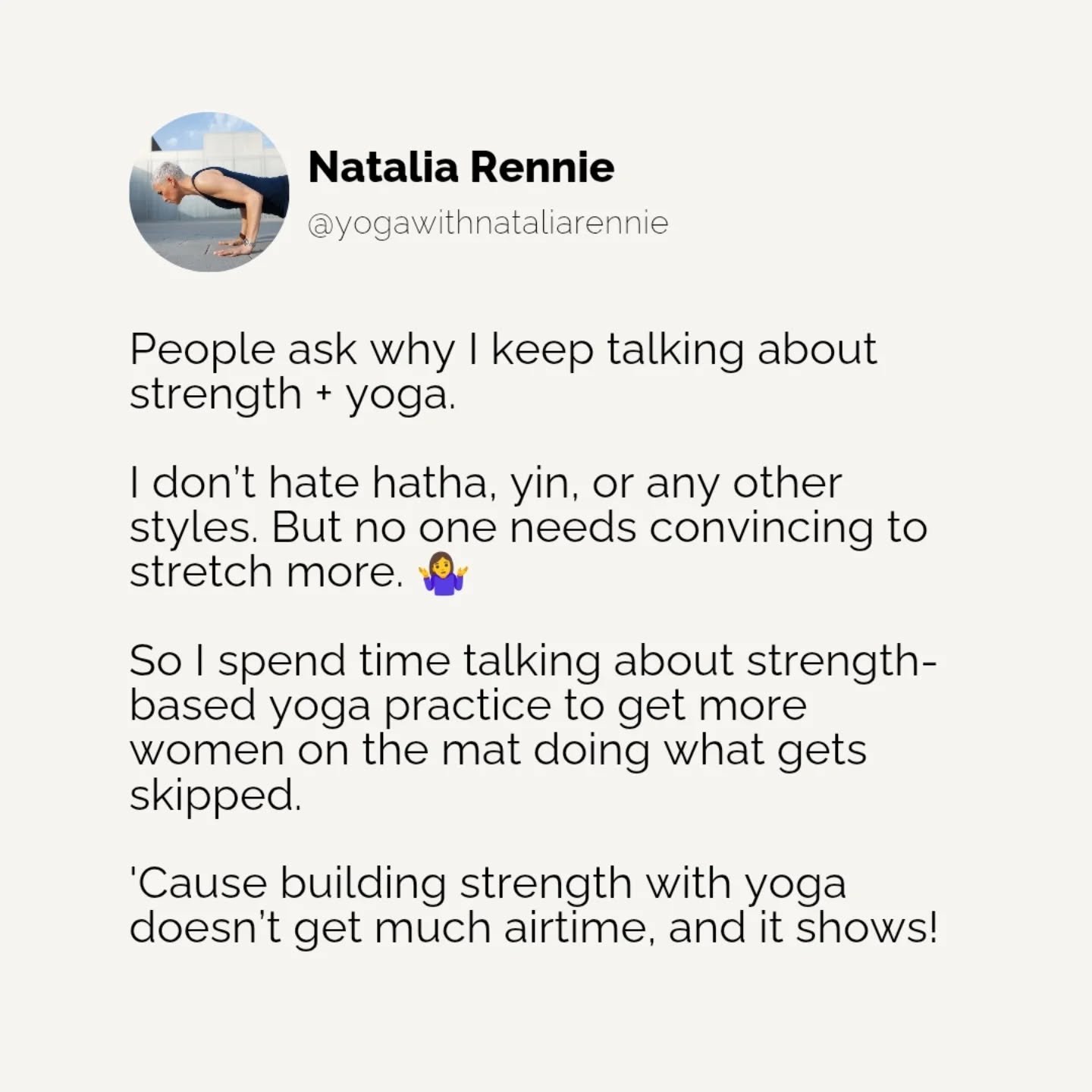 Look, if you love slower yoga styles, go for it!!

I&rsquo;m definitely not dismissing their benefits. I teach those too...

BUT let&rsquo;s not pretend that passive stretching produces the same physical outcomes as strength-based yoga.

It won&rsquo