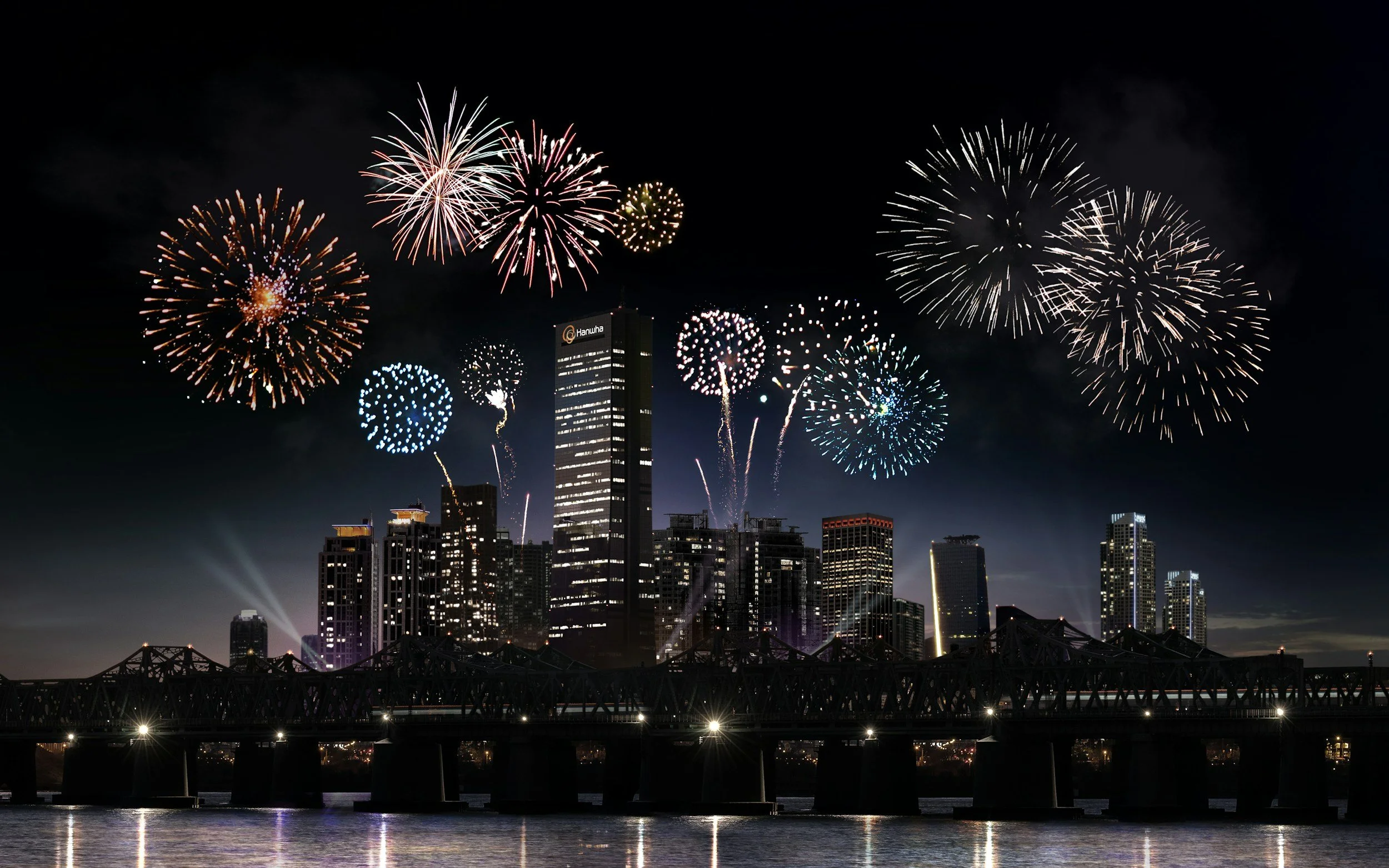 Fireworks over the a city skyline