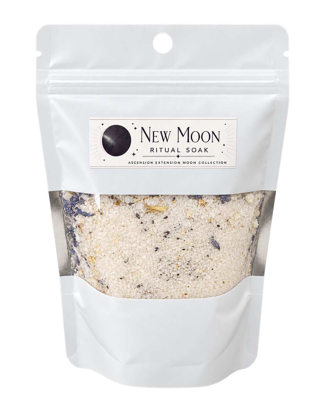 White resealable bag of New Moon Ritual Soak with a minimalist label featuring a black moon and small stars, part of the Ascension Extension Moon Collection, showing a textured, grainy bath soak inside.