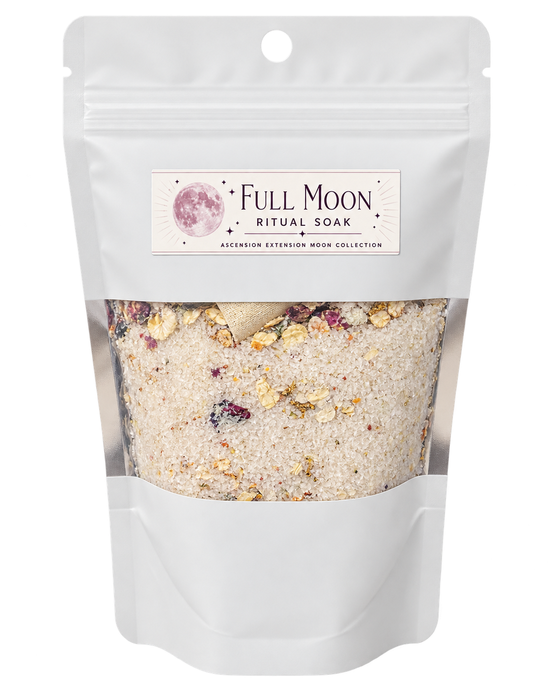 White resealable bag labeled 'Full Moon Ritual Soak' with a moon graphic, containing a mixture of dried flowers and salts visible through a transparent window.