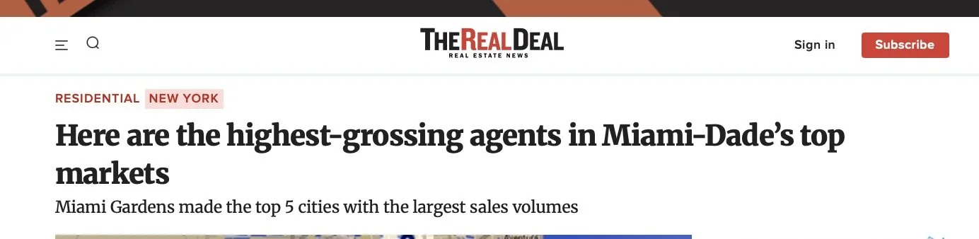 Screenshot of a real estate news website titled 'The Real Deal.' The page features a headline about the highest-grossing agents in Miami-Dade's top markets, Belinda Sime is mentioned as one of the highest grossing agents in Coral Gables.