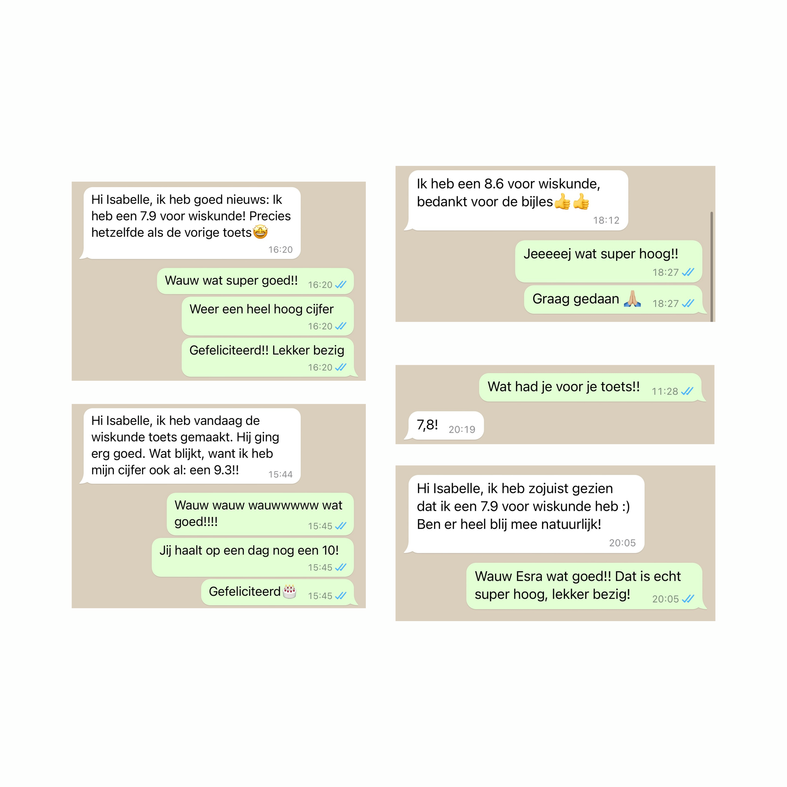 Collage of Dutch text messages discussing math test scores, with expressions of congratulations and excitement for high scores.