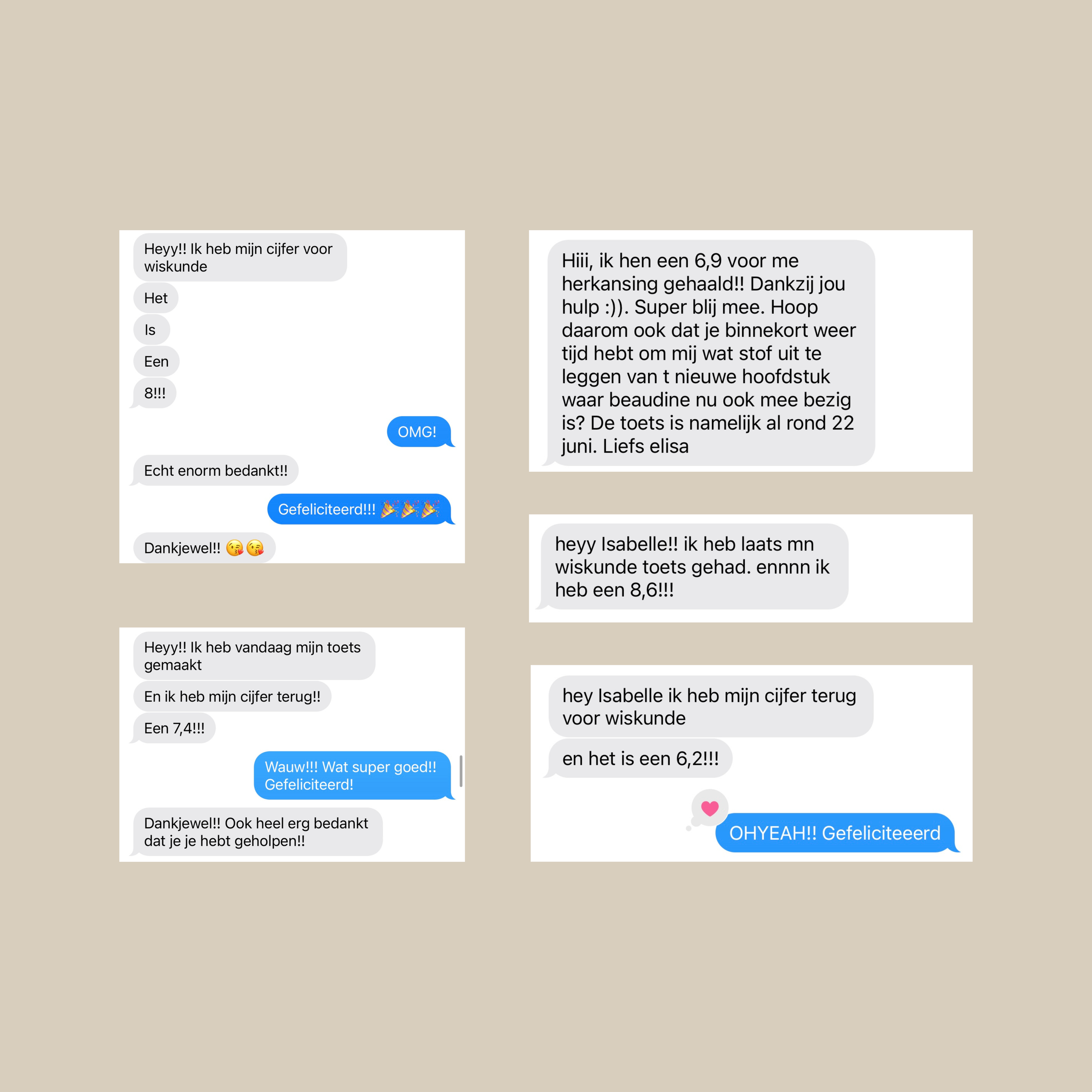 Image displaying various text messages in Dutch, discussing math test scores with expressions of gratitude and congratulations. The scores mentioned range from 6.2 to 8.1, with emojis indicating happiness and appreciation. The messages convey excitem