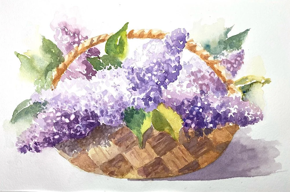Lilacs in a Basket, watercolor, 7" x 11", available on request