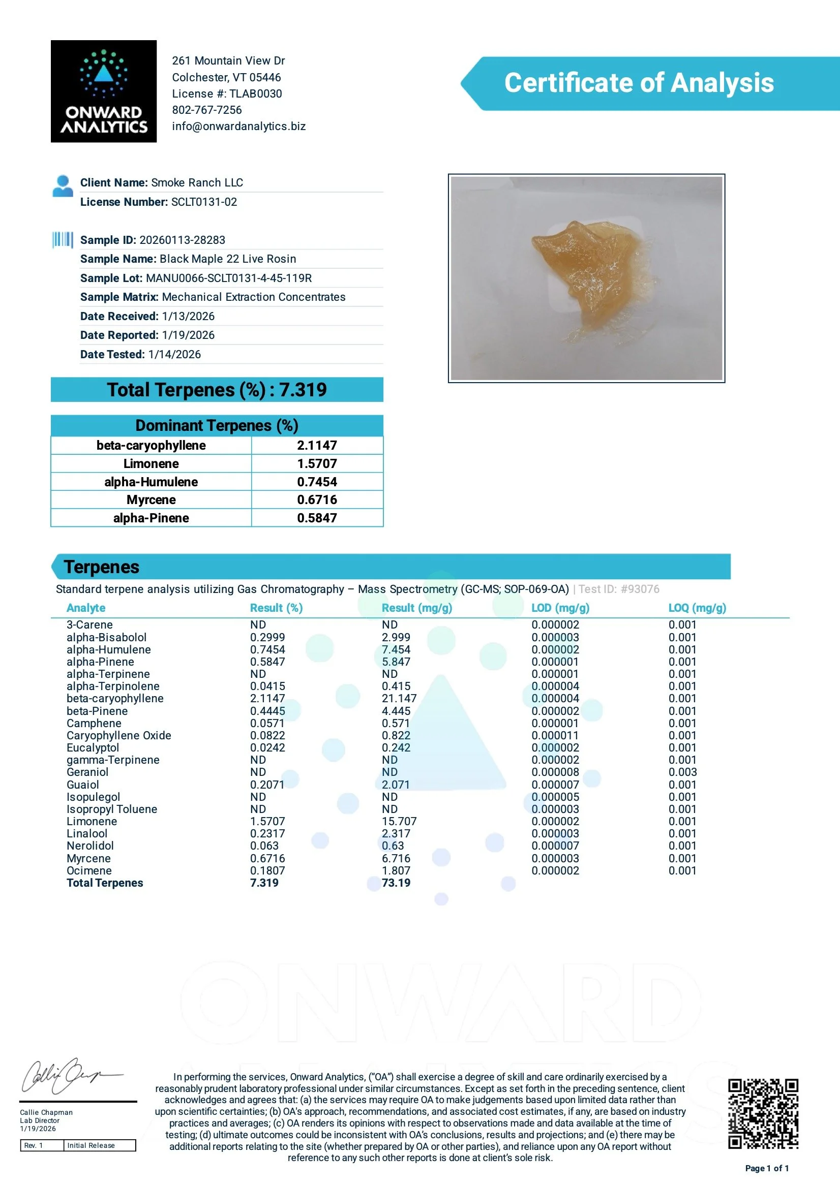 Laboratory certificate of analysis report showing a small sample of a cannabis concentrate, with data on terpene content and analysis results.