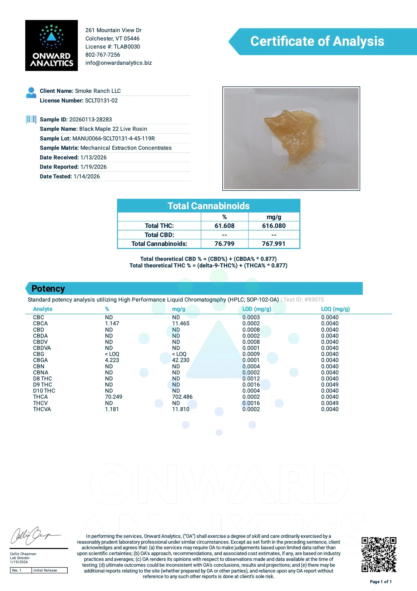 Laboratory certificate with logo, client and sample information, a photograph of a cannabis concentrate, and analysis data including cannabinoid percentages and potency values.