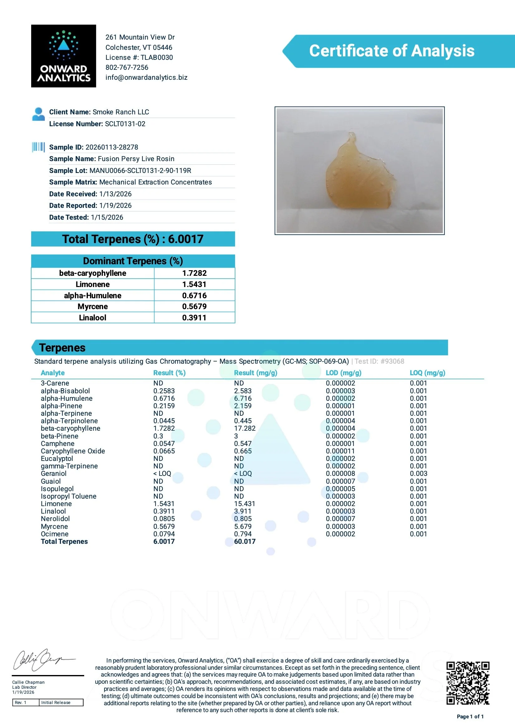 Certificate of analysis for a sample of fusion persy live rosin, showing test results and a photograph of the rosin on the right.