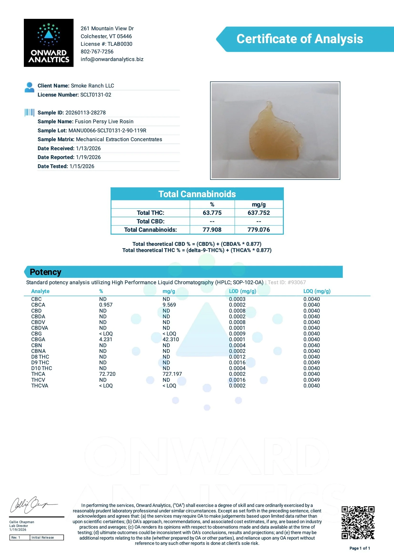 Certificate of analysis for a cannabis sample, including a photograph of a small piece of cannabis concentrate, details about cannabinoids, potency tests, and laboratory information.