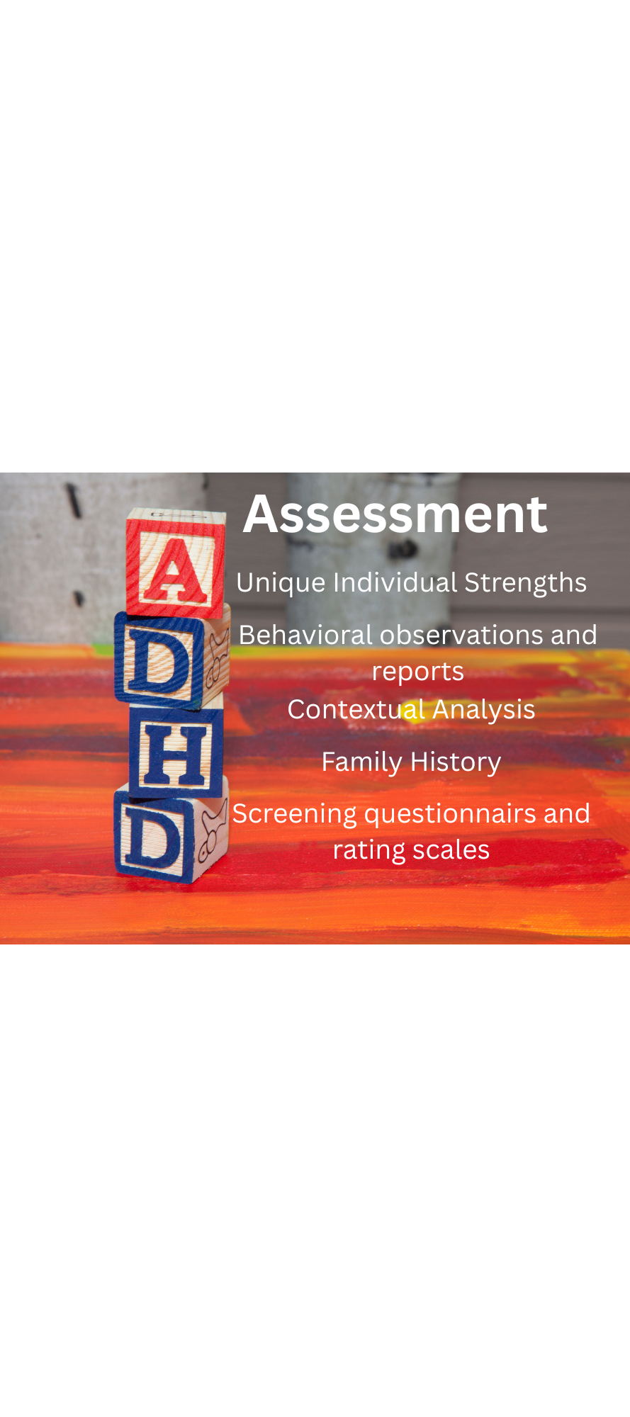 Stacked alphabet blocks spelling 'ADD' on a wooden surface with a colorful background, overlaid with text about assessment methods such as behavioral observations and family history.