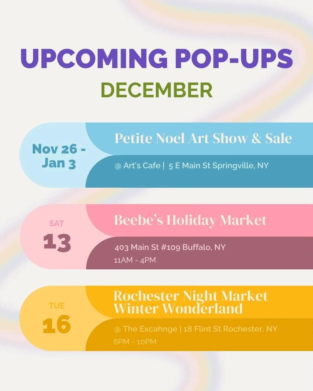 📣 Upcoming Holiday Pop-ups 💛 Come get something handmade and one-of-a-kind for those you love this holiday season! #Shoplocal #SupportArtists #buffalony #rochesterny #springvilleny
