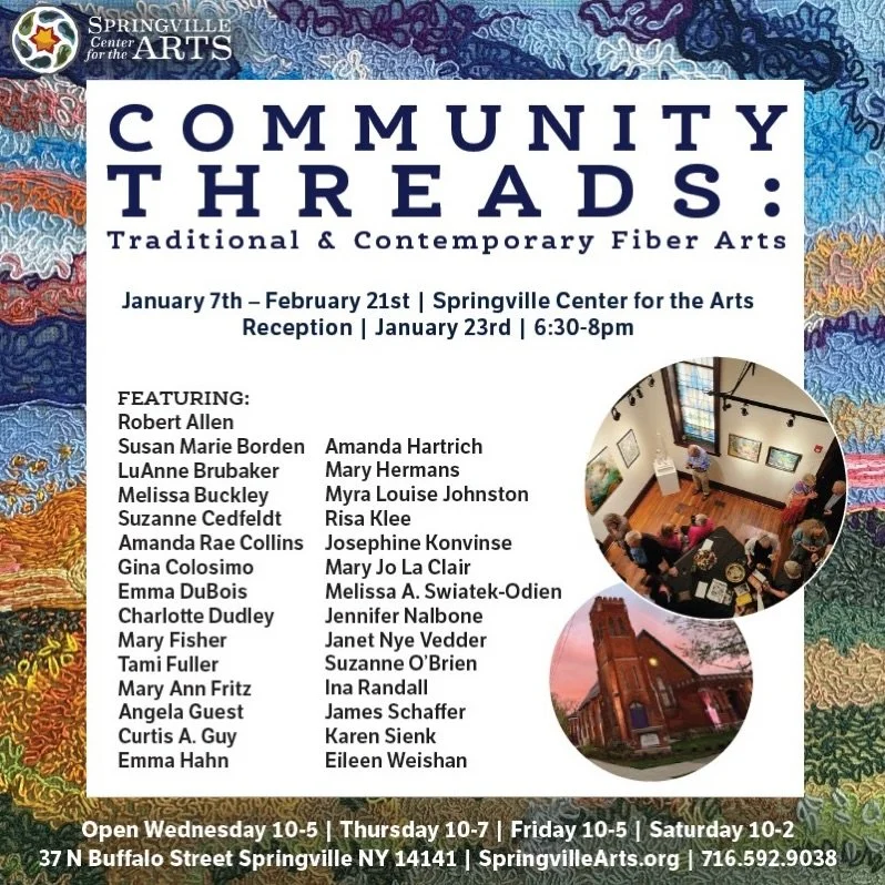 📣 Now Open: Community Threads: Traditional &amp; Contemporary Fiber Arts Exhibit

This exhibit showcases a variety of fiber arts from our region including framed work, sculptural pieces, quilts,
batik, needle felting, abstract work, and more! 

Come