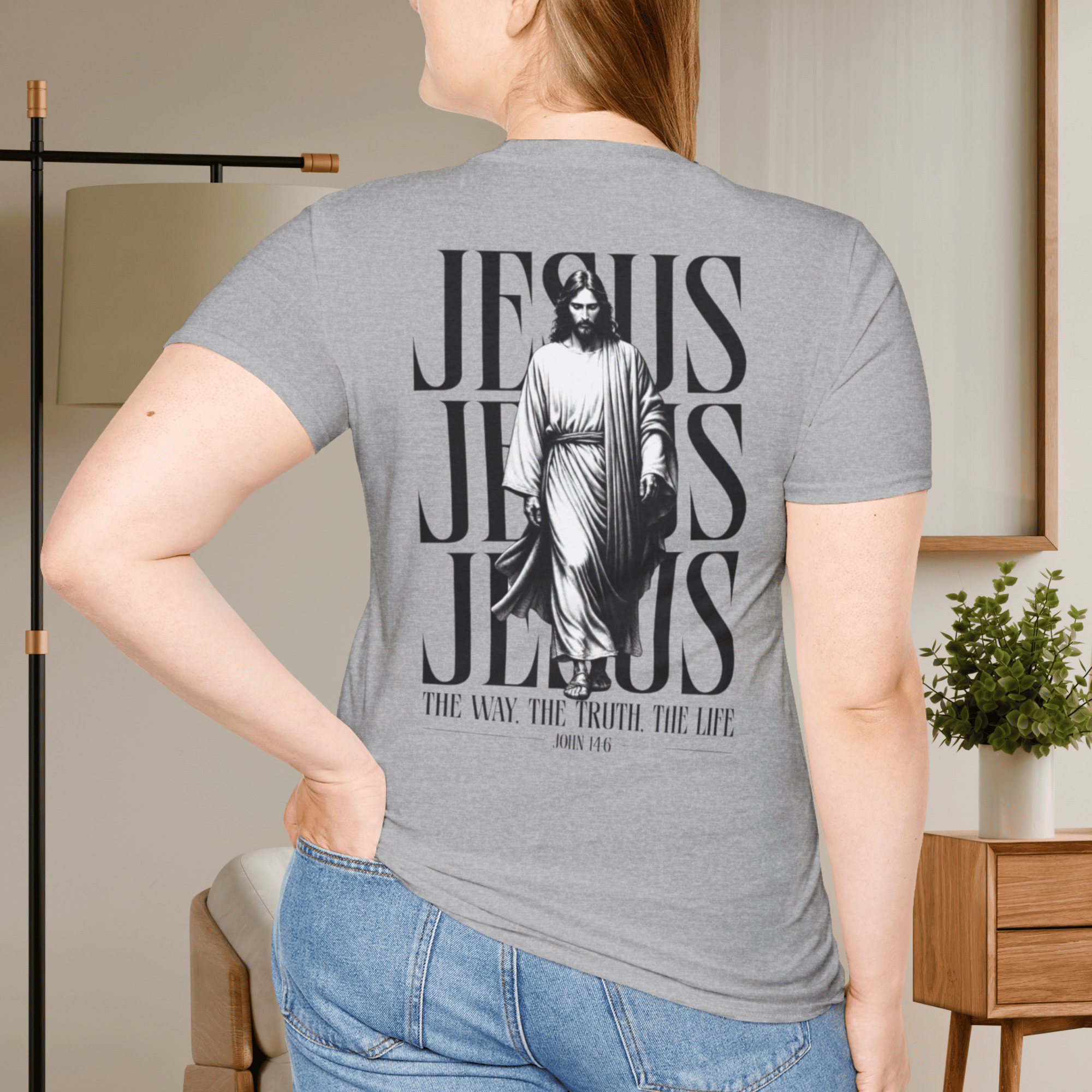 Jesus Typography T‑Shirt — 'Jesus' Repeat Design with John 14:6 Scripture