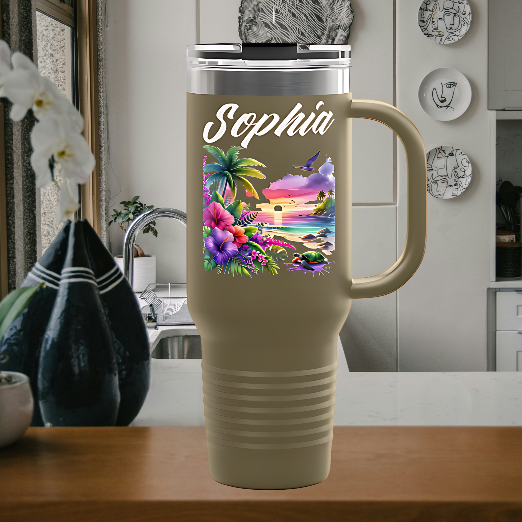Personalized 40 oz Tumbler with Floral Borders | Custom Name Tumbler | Elegant Gift for Her | Sophia Water Bottle | Floral Name Design Insulated Travel Mug, 40oz