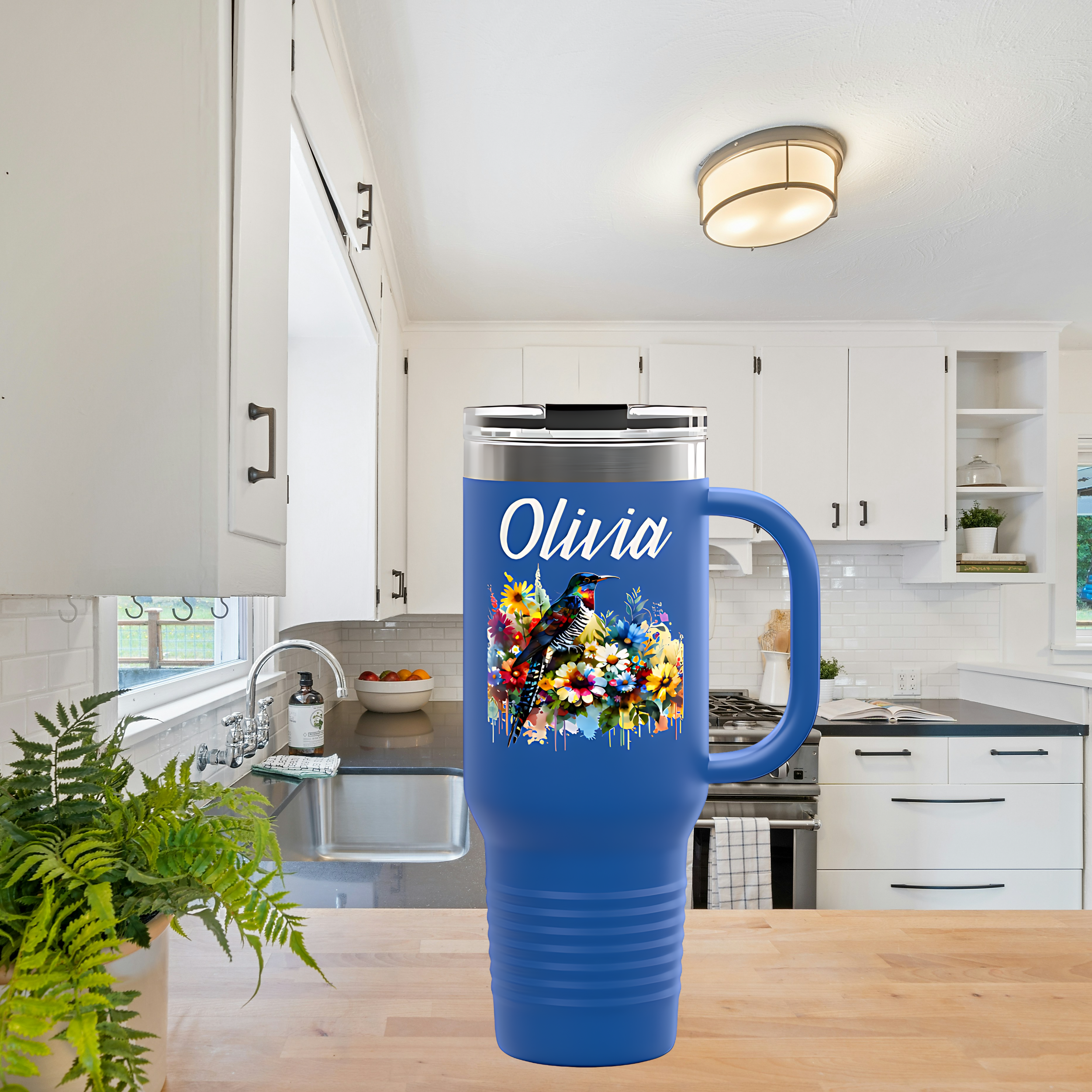 Personalized 40 oz Tumbler with Floral Borders & Cute Bird | Custom Name Tumbler | Olivia Water Bottle | Elegant Gift for Her Insulated Travel Mug, 40oz