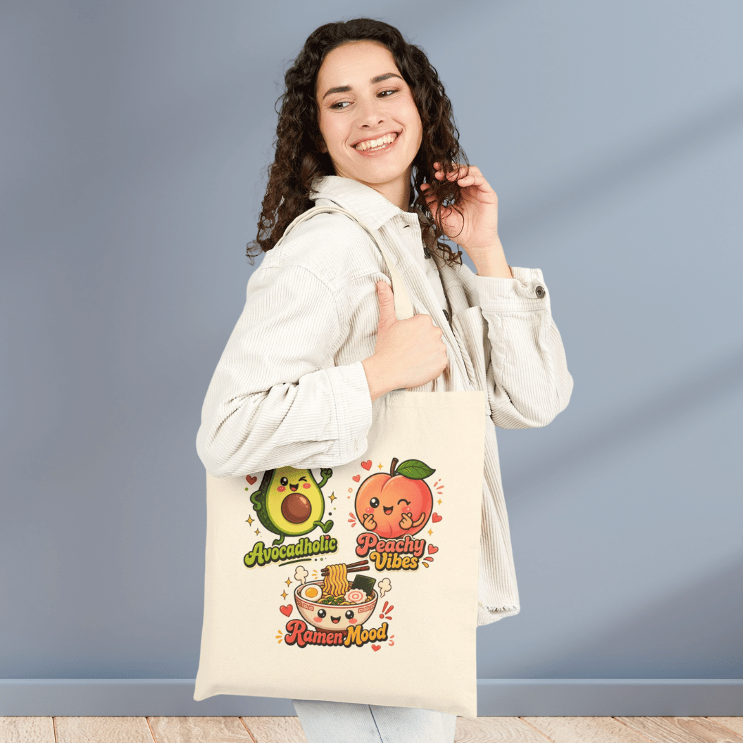 Cute Avocado, Peach & Ramen Cartoon Canvas Tote — Avocaholic • Peachy Vibes • Ramen Mood