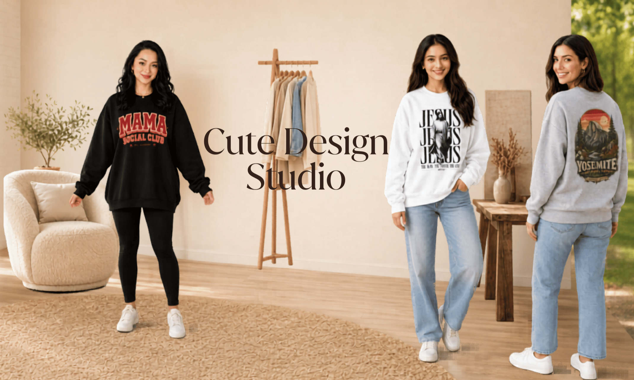 Cute Design Studio apparel mockup banner showing sweatshirts and graphic apparel