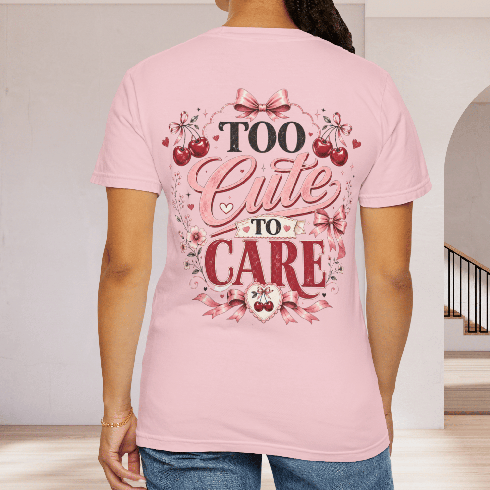 Too Cute to Care T-Shirt — Cute Cherry Bow Graphic Tee