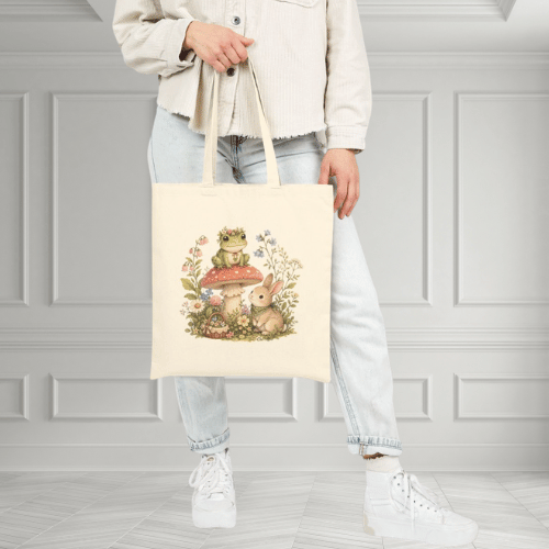 Vintage Woodland Frog & Bunny Mushroom Tote Bag — Cute Floral Canvas Shopper