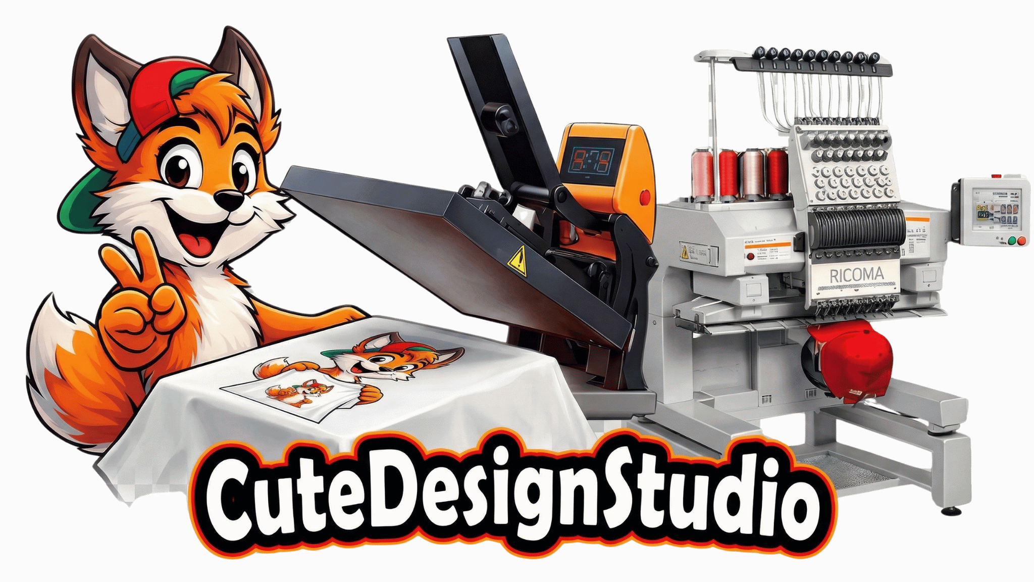 CuteDesignStudio in-house heat press and Ricoma embroidery studio graphic