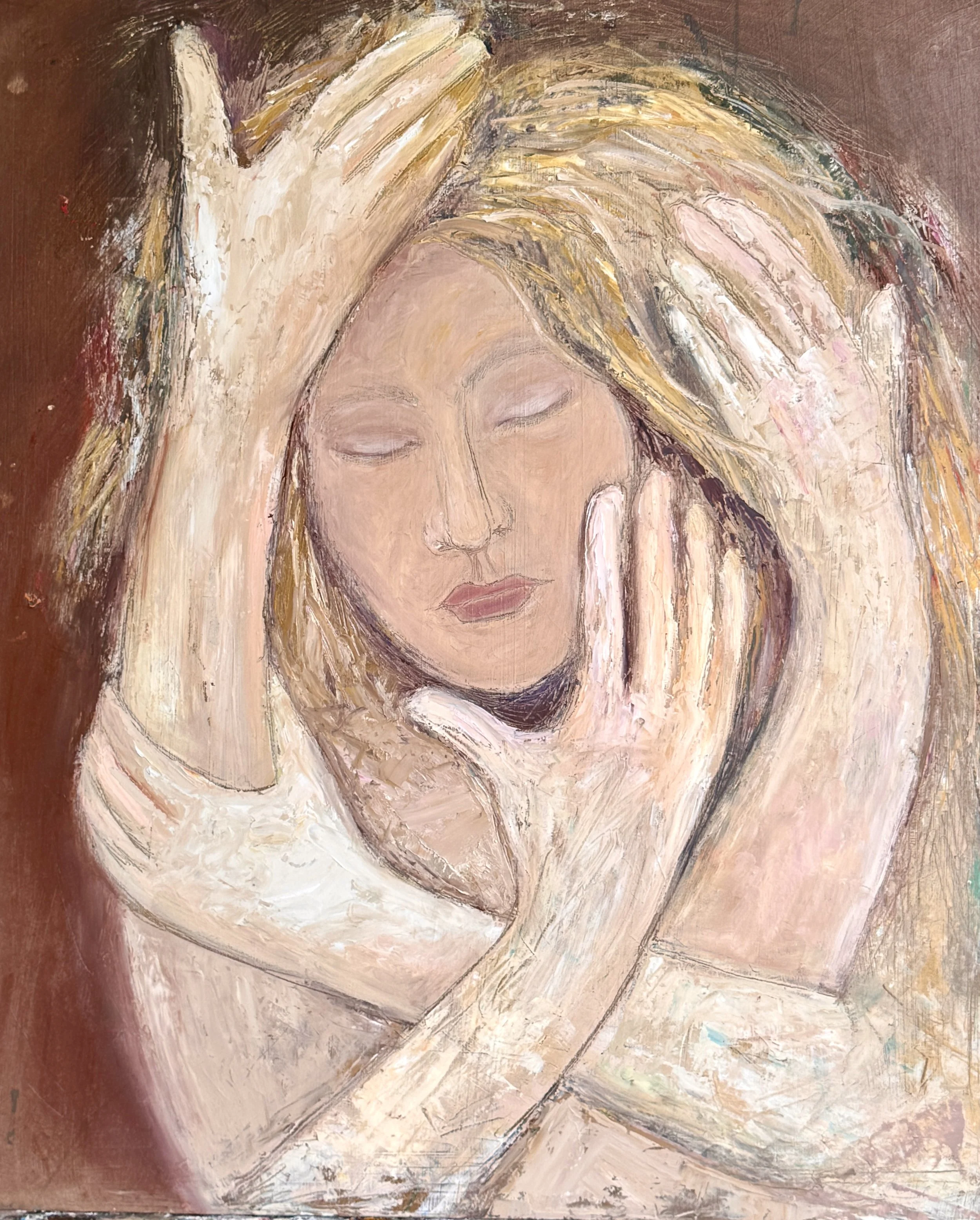  "Self - holding".  Oil, cold wax on board. 44x54cm