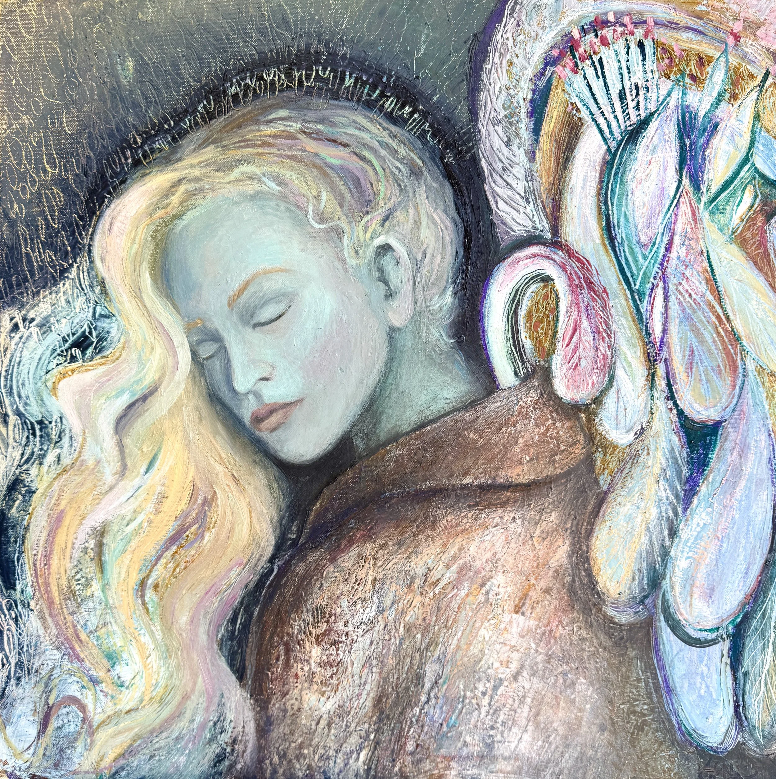 "Growing Wings 2" Oil, cold wax on canvas. 61x61cm