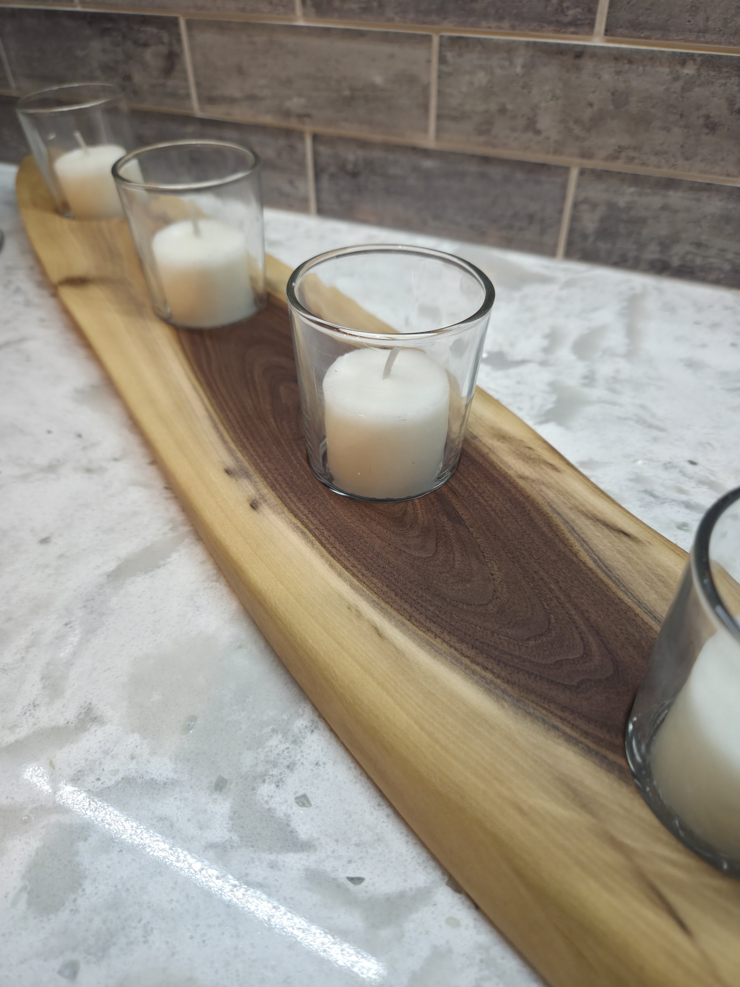wooden candle holder and charcuterie board hybrid