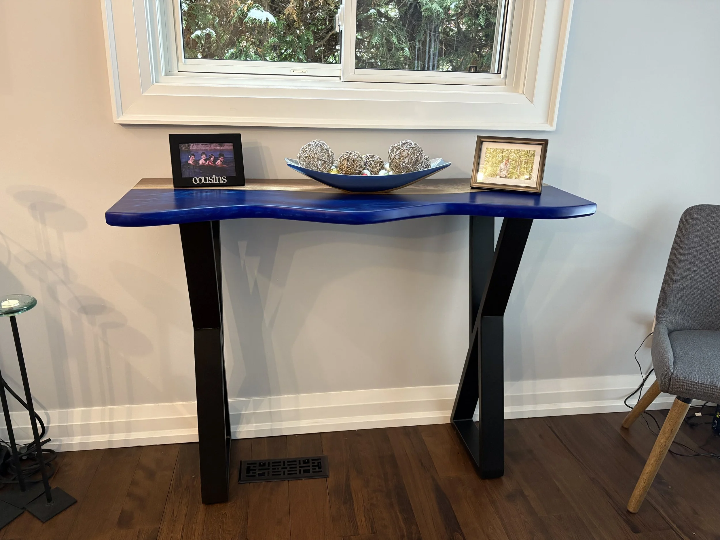 custom made blue epoxy console table in toronto