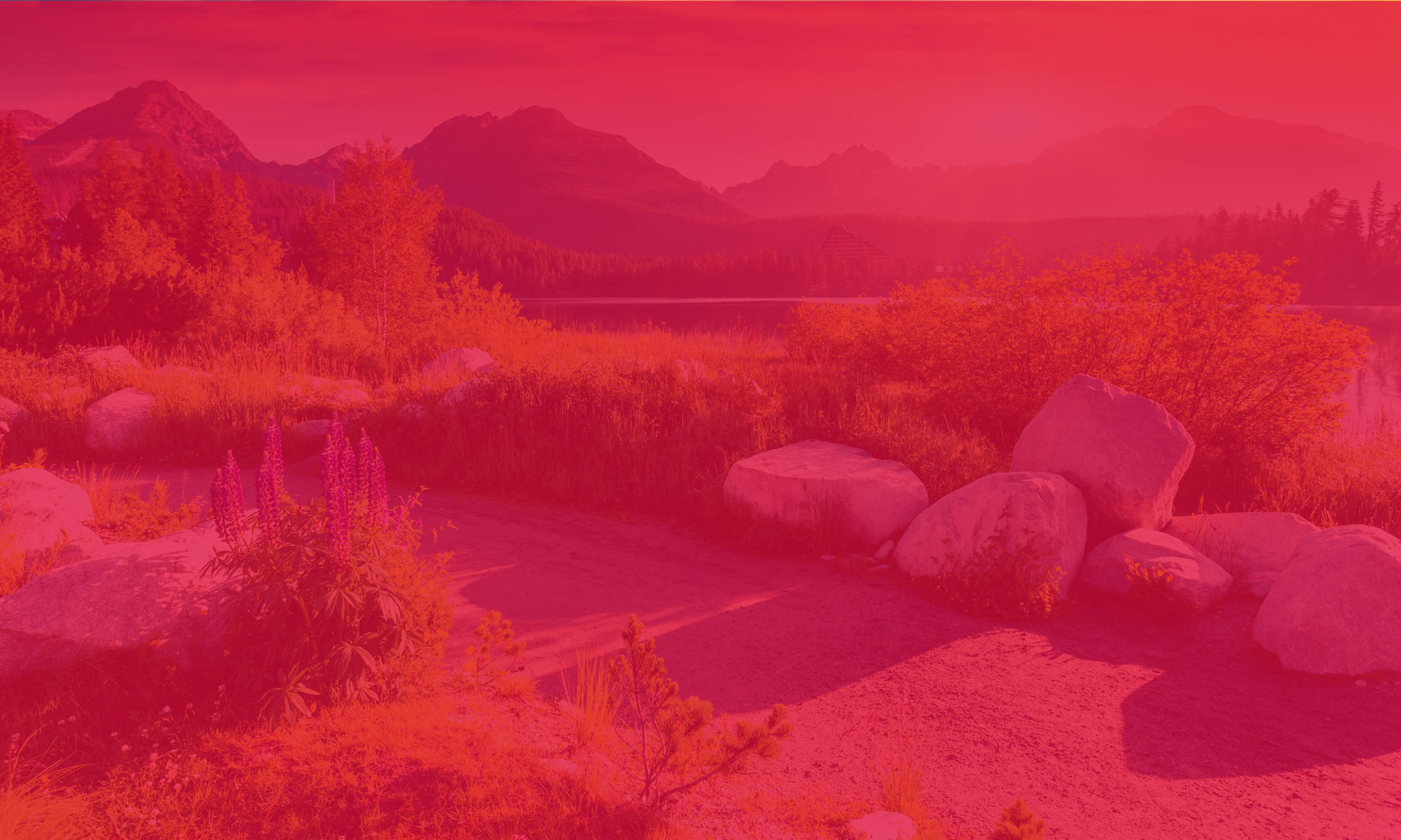 A scenic landscape of mountains, trees, rocks, and a gravel path by a body of water, with a pink overlay.