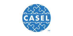 Logo with black text 'CASEL' inside a blue circle.