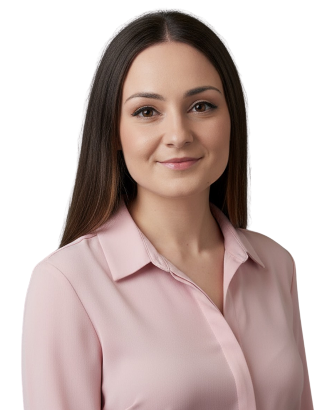 A woman with long, straight hair smiles softly at the camera, wearing a light pink blouse. The background is solid black, highlighting her calm demeanor.
