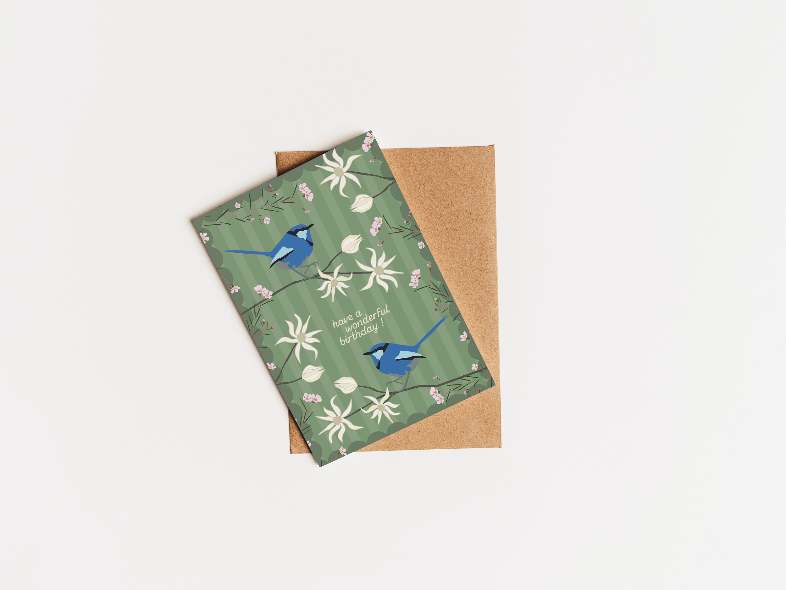 Blue Wren and Flannel Flowers (Greeting Card)