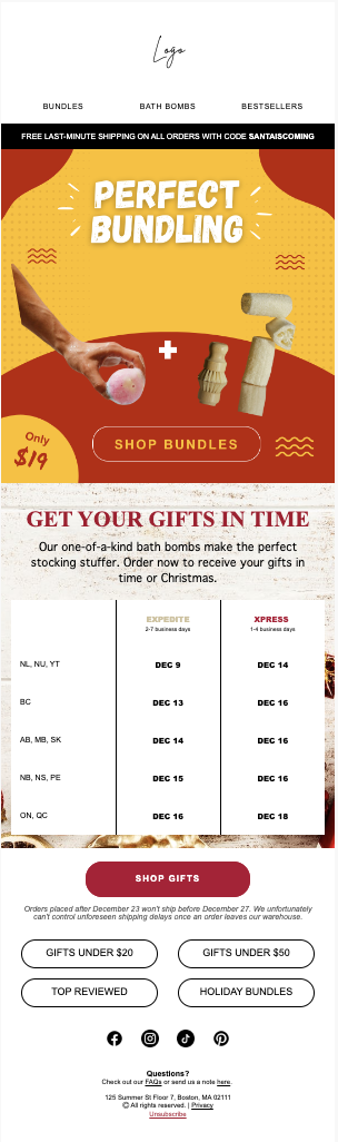 Holiday shipping deadline campaign email for bath brand