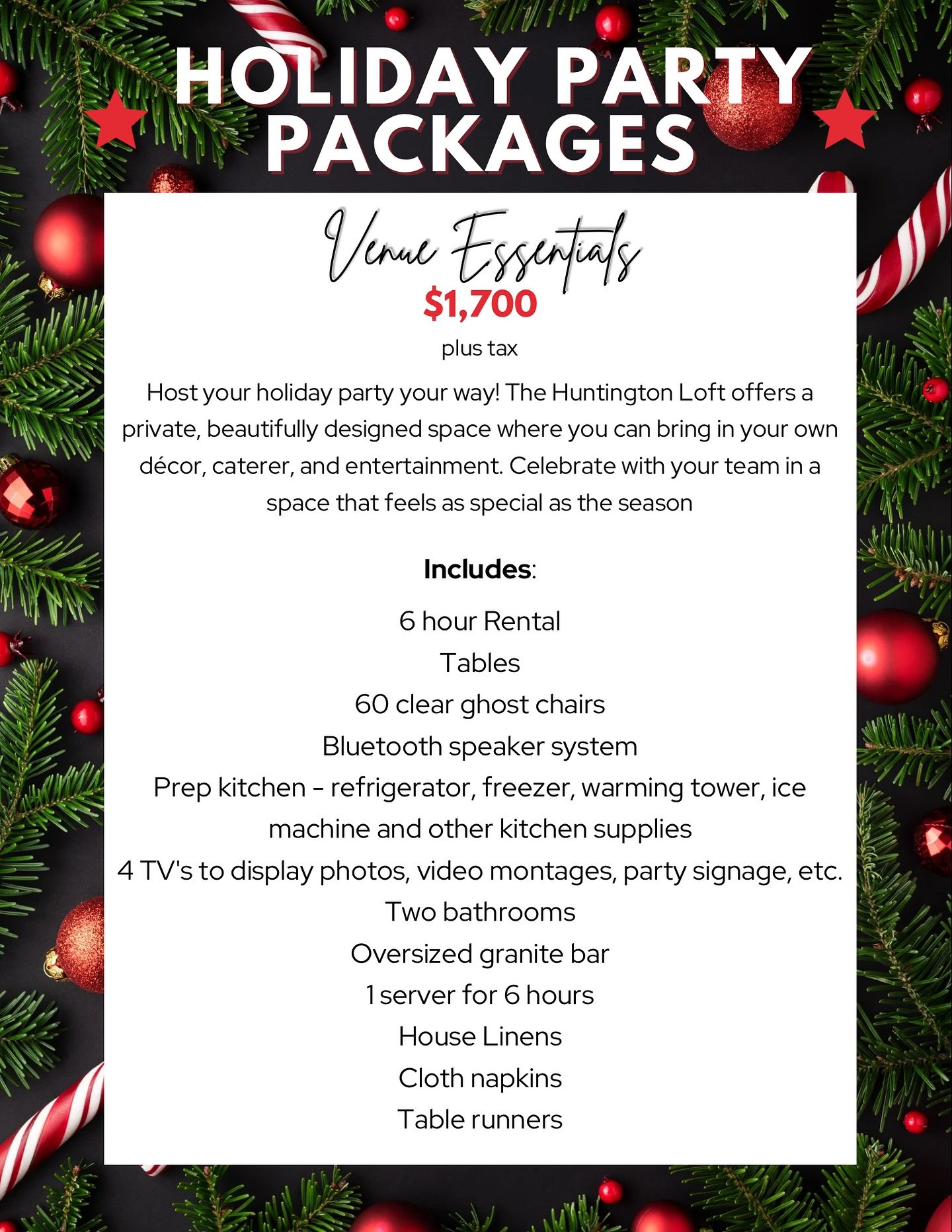 Host your holiday party your way at The Huntington Loft✨

Celebrate the season in style with two exclusive packages designed to make your event effortless and unforgettable:

🎁 Venue Essentials $1,700 + tax 
Bring your own d&eacute;cor, food, and en