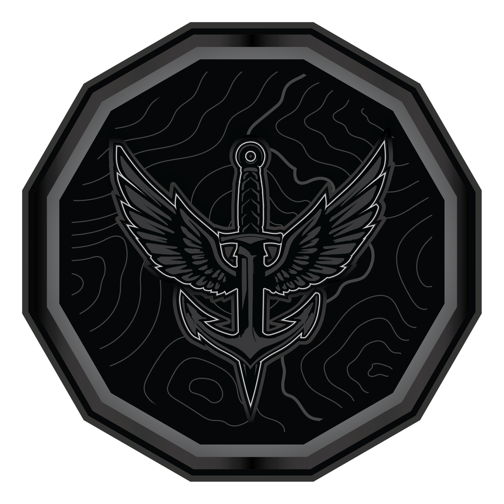 A dark, stylized emblem featuring an anchor with wings and a sword behind it, set within an octagonal frame.