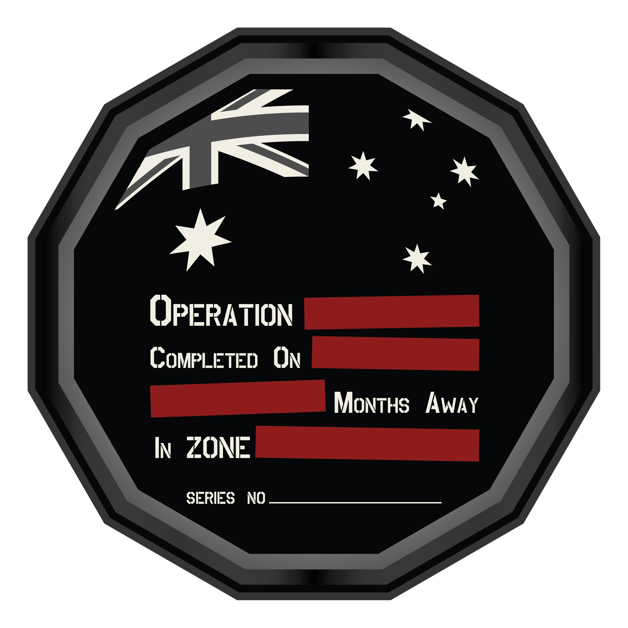 A black E1020 Canadian military badge style patch with white stars, a partial Union Jack, and red bars for tracking operation status with spaces for completion date, operation zone, and series number.