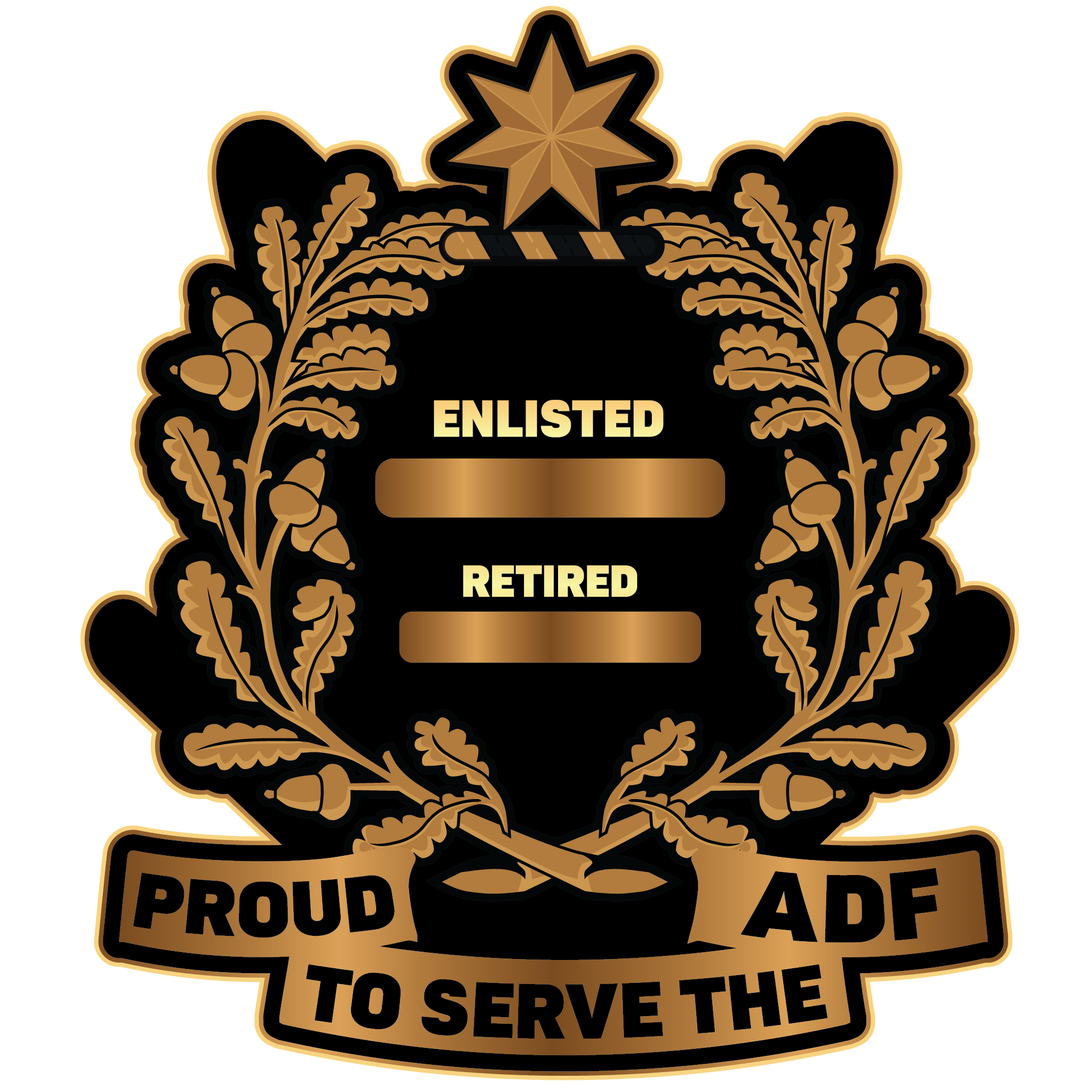 A military badge with a star at the top, surrounded by laurel branches, with the words 'ENLISTED' and 'RETIRED' in the center, and a banner at the bottom reading 'PROUD TO SERVE THE ADF'.