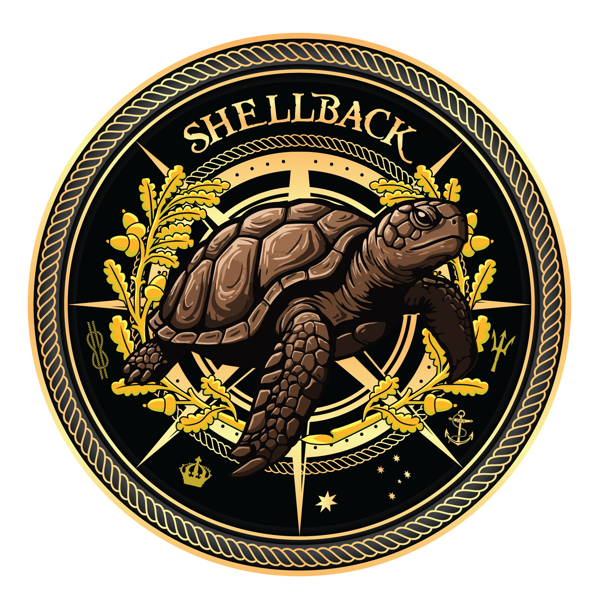 A circular emblem featuring a tortoise in the center, surrounded by yellow plant elements, with a black background and gold decorative borders. The word 'Shellback' appears at the top of the emblem.