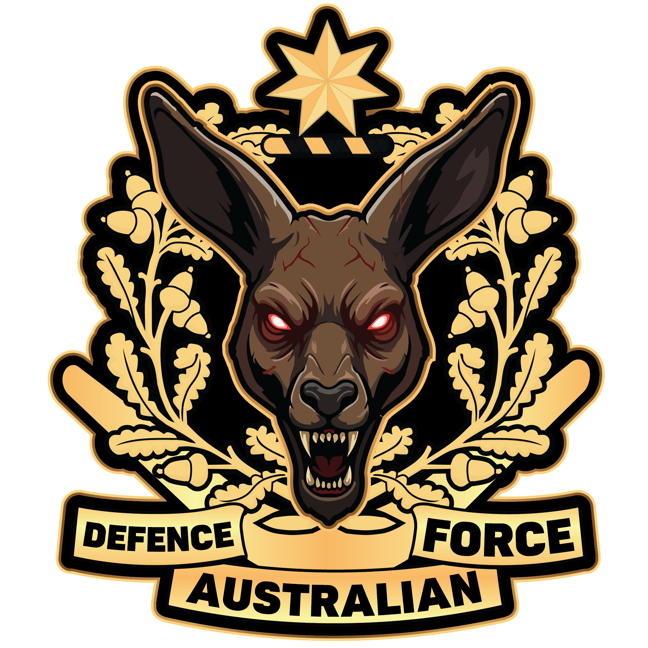 Illustration of a snarling dog with red eyes, surrounded by decorative leaves and tools, with a star at the top. The text 'Defence Force Australian' appears on a banner at the bottom.