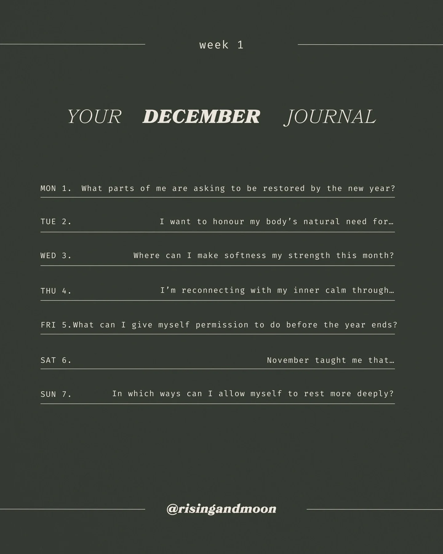 The final month of 2025 is a chance to reflect 💫📖
it&rsquo;s time for your December Journal 🗓️
 
TREAT YOURSELF TO A SEASON OF REST &amp; RECHARGE, TODAY:
Can you spare 5 minutes to journal in your phone notes, laptop, on paper? Or even simply thi